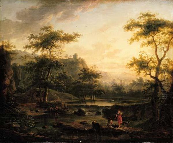 A River Landscape With A 
Washerwoman And A Herder Resting, Two Men On A Boat, A City And 
Mountains Beyond - view 1