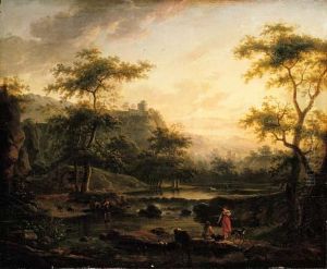 A River Landscape With A 
Washerwoman And A Herder Resting, Two Men On A Boat, A City And 
Mountains Beyond