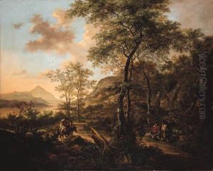 An Italianate Evening Landscape
With A Muleteer And Goatherds On A Wooded Path, A River And Mountains
Beyond by Jan Both
