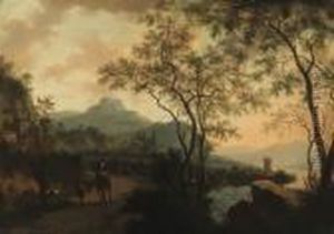 A Mountainous River Landscape With Travellers On A Path by Jan Both