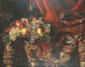 Grapes, peaches and pomegranates on a pewter platter by an oriental carpet by Jacques Hupin