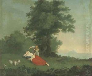 A shepherdess and children in an extensive landscape by George Holmes