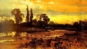 Sunset: a Figure feeding Geese in a Marsh Landscape by John Horace Hooper