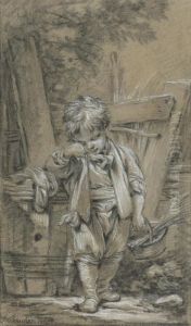 Young Boy Leaning Against A Barrel And Holding A Basket