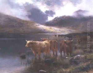 Highland Cattle by a Loch by Louis Bosworth Hurt