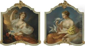 Two Allegories: A Young Lady With Flowers And A Young Lady Withwhite Doves by Francois Boucher