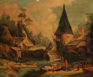 Figures Loading A Boatby A Mill by Francois Boucher