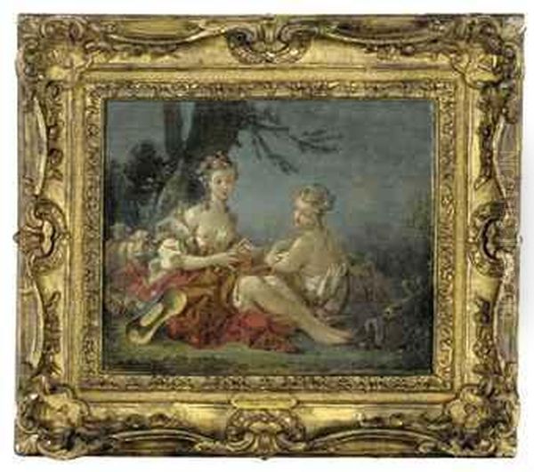 A Pair Of Shepherdesses In A Bucolic Setting
Oil On Canvas - view 1