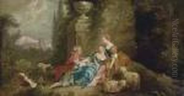 Elegant Figures By A Fountain In A Landscape - view 1