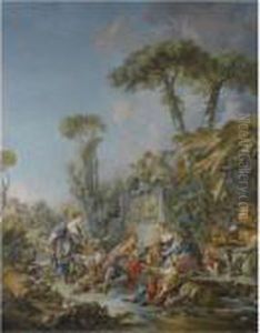 A Pastoral Scene With Herders Resting On A Path With Theiranimals by Francois Boucher