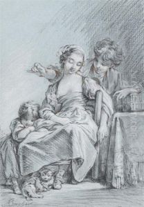 A Young Mother With A Toddler And A Young Boy At Atable by Francois Boucher