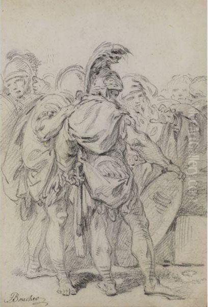 A Group Of Classically Dressed Soldiers With An Old Woman - view 1