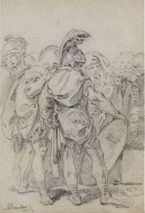 A Group Of Classically Dressed Soldiers With An Old Woman by Francois Boucher