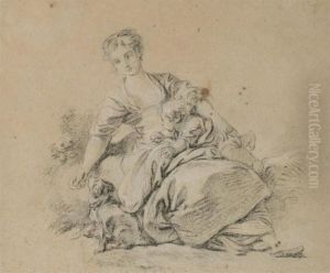 Paysanne Assise Avec Un Enfant Nourrissant Un Chien by Francois Boucher