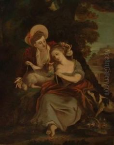Couple Et Agneau Pres De La Cascade by Francois Boucher