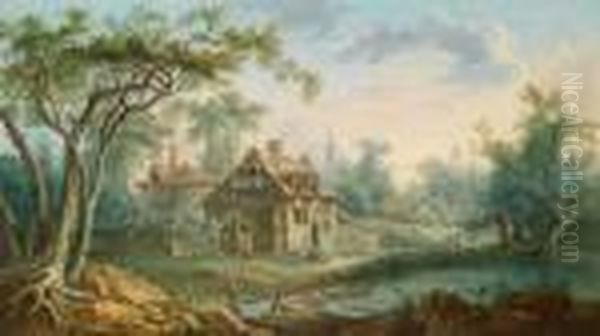 Nachfolger Bewaldete Landschaft Mit Hausern An Einem Bach Und Figuren - view 1