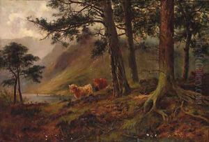 Highland Cattle In A Loch Landscape by Louis Bosworth Hurt