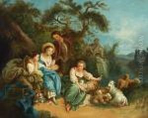 Shepherdesses And Sheep By A Fountain by Francois Boucher