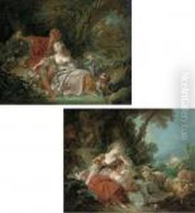 An Amorous Couple In A Wooded Landscape By A Fountain by Francois Boucher