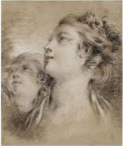Study Of The Heads Of A Young Woman And A Putto, Looking Up To The Left by Francois Boucher