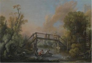 A River Landscape With A Woman
Crossing A Bridge And Three Men In A Boat On The River Below A River Landscape With A Woman
Crossing A Bridge And Three Men In A Boat On The River Below