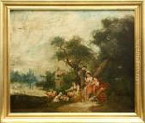 Figures And Sheep Gathering By The Water by Francois Boucher