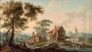Landschaft Mit Bauernhausern Und Wascherinnen