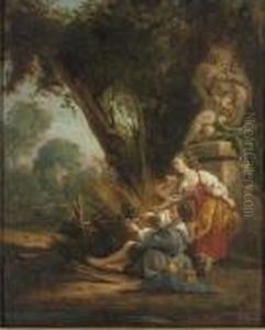 Figures Releasing A Bird In A Classical Landscape by Francois Boucher