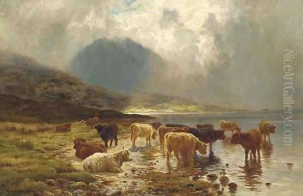 Highland cattle watering by a loch - view 1