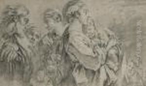 A Group Of Seven Figures, Apparently Pausing On A Journey by Francois Boucher