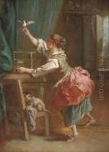 An Interior With A Girl Letting A Dove Out Of Its Cage by Francois Boucher