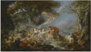 A Pastoral Landscape With A Young Man Giving A Love Letter To Asleeping Shepherdess by Francois Boucher