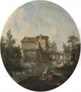 A River Landscape With A Peasant Washing Clothes On The Bank And Ahouse Beyond by Francois Boucher