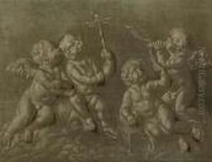 Four Putti Merrymaking In A Landscape: En Grisaille by Francois Boucher