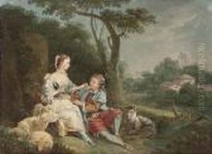 A Wooded River Landscape With A Swain Courting A Shepherdess A Wooded River Landscape With A Swain Courting A Shepherdess