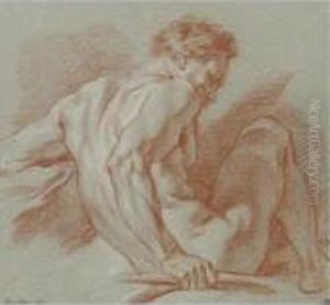 A Seated Male Academy Nude, Holding A Staff, Seen From The Side