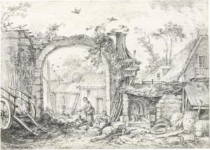 Farm Courtyard With A Girl And Chickens by Francois Boucher