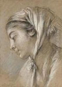 Head Of A Girl Looking Down To The Left Wearing A Scarf