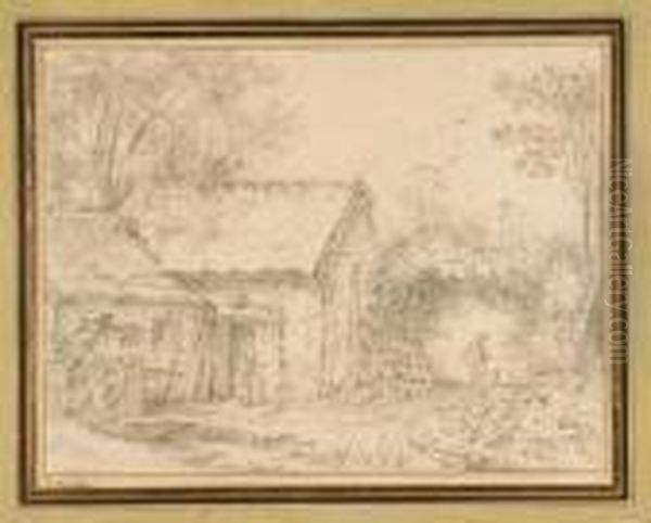Femme Sortant D'une Chaumiere Dans Un Paysage - view 1