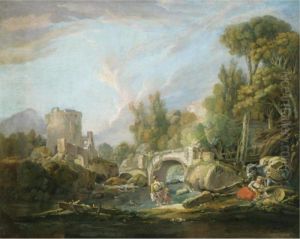 A Pastoral Landscape With 
Travellers Resting And Paddling In A Stream Before A Bridge, A Ruin 
Beyond by Francois Boucher