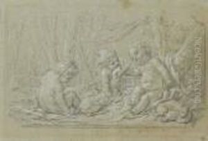 Trois Putti Jouant Avec Un Levrier Dans Un Paysage by Francois Boucher