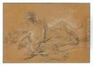 Jeune Femme Allongee Tenant Un Tambourin, Un Putto A Gauche by Francois Boucher