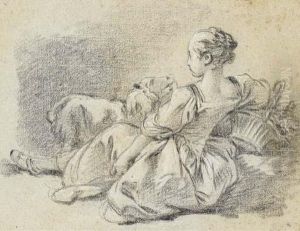 Jeune Fille Assise A La Corbeille Avec Un Mouton by Francois Boucher