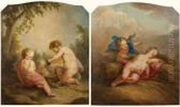 Suite De Quatre Dessus De Portes Representant Putti Et Angelots
Symbolisant Les Quatre Saisons Sur Fond De Paysage. - view 1