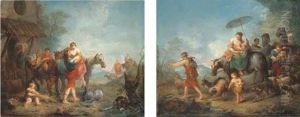 A Mountainous Landscape With 
Travellers Unloading By A House; And An Extensive Landscape With 
Travellers And Herdsmen On A Path by Francois Boucher