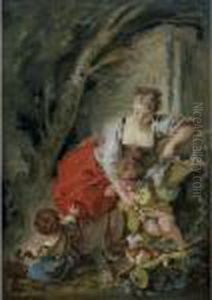 Young Mother With Two Children And A Dog by Francois Boucher