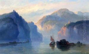 A Mountainous River Landscape With A Sailboat At Dusk