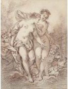 Two Nymphs With Putti And Doves by Francois Boucher
