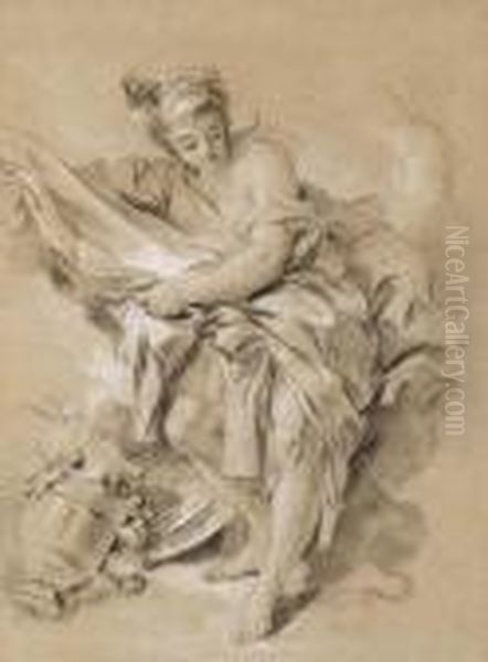 Une Nymphe Tenant Une Draperie, Penchee Vers La Gauche, Une Urne A Terre - view 1