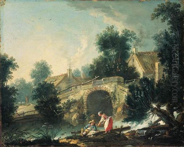 Paysage Avec Une Lavandiere Et Un Jeune Pecheur Devant Un Pont - view 1